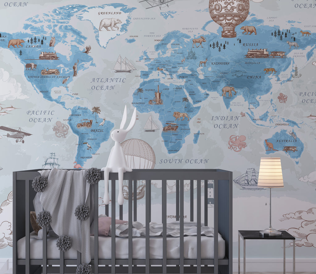 Blue Vintage World Map Wallpaper : Hot Air Balloons and Ships Kids Mural - View 4