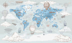 Blue Vintage World Map Wallpaper : Hot Air Balloons and Ships Kids Mural - flat design