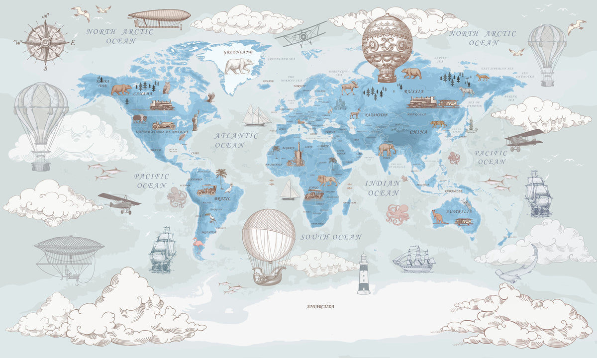 Blue Vintage World Map Wallpaper : Hot Air Balloons and Ships Kids Mural - flat design