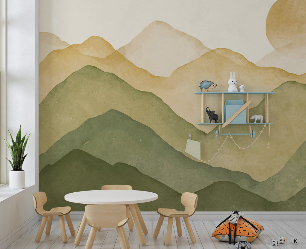 Boho Mountain Wallpaper : Sage and Mustard Watercolor Hills Mural - View 2