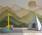 Boho Mountain Wallpaper : Sage and Mustard Watercolor Hills Mural