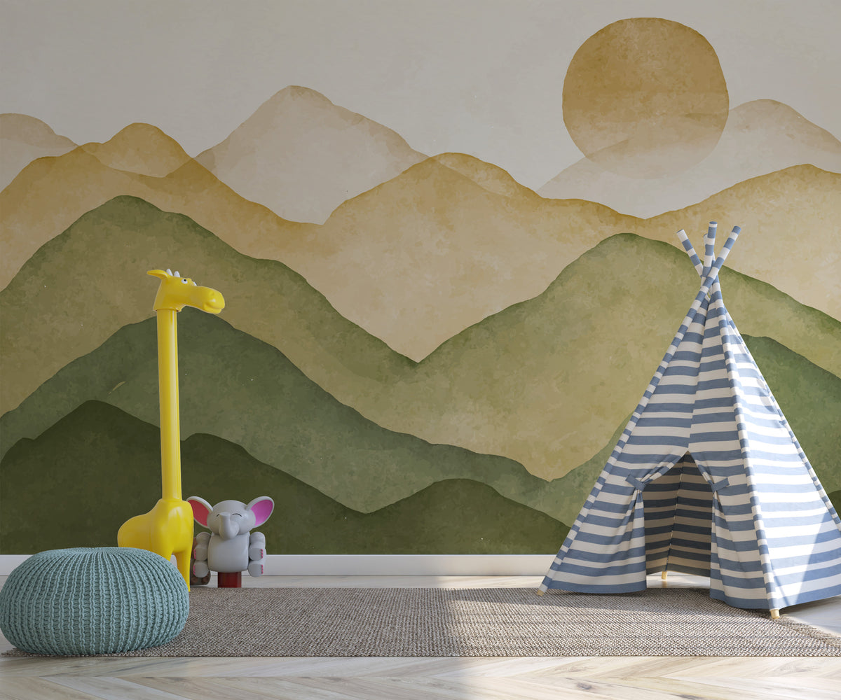 Boho Mountain Wallpaper : Sage and Mustard Watercolor Hills Mural