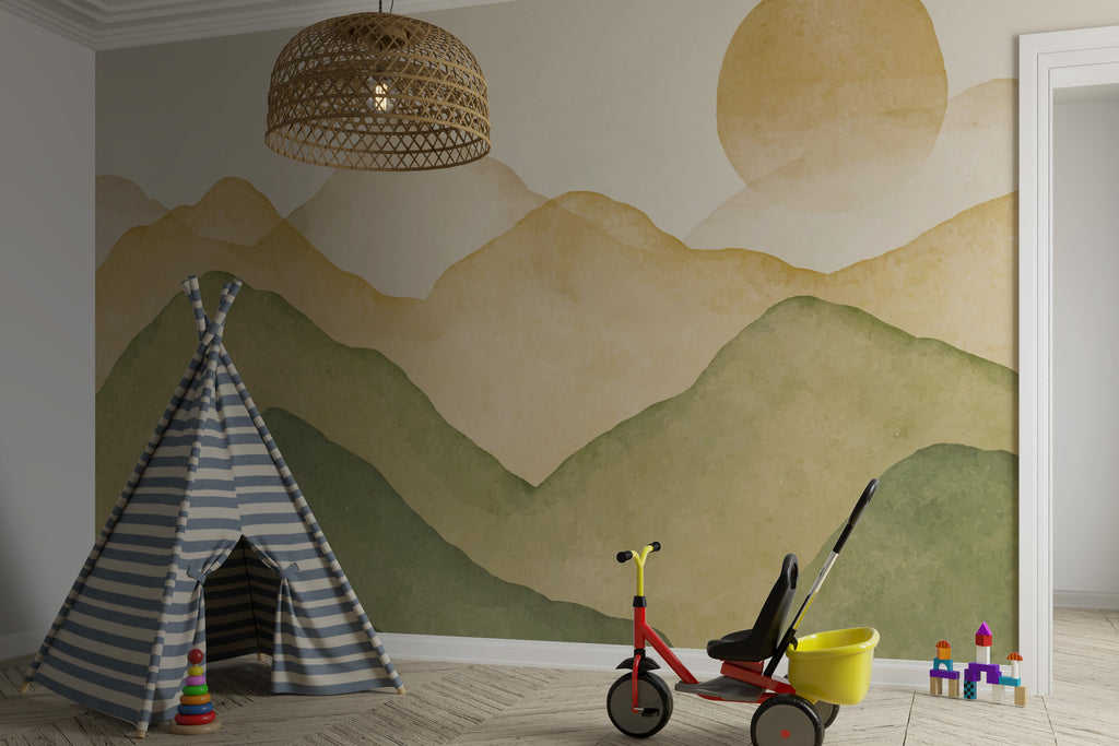 Boho Mountain Wallpaper : Sage and Mustard Watercolor Hills Mural - View 3