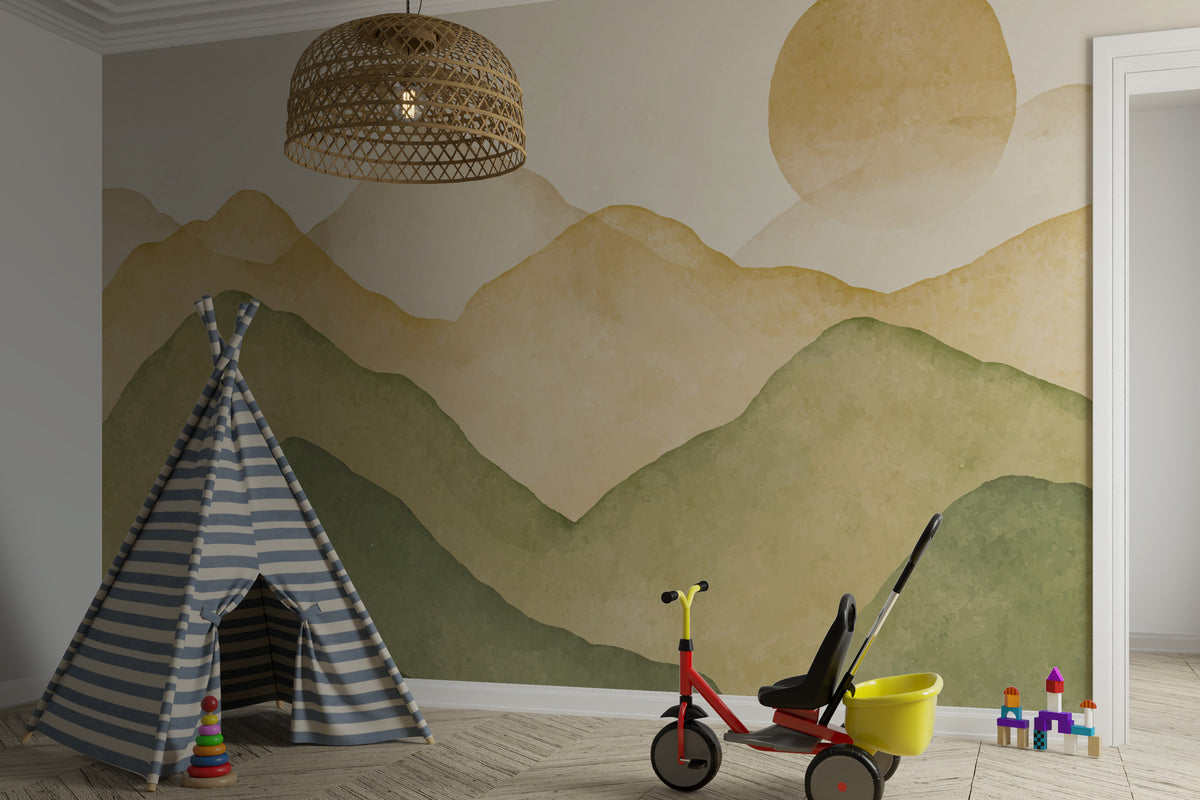Boho Mountain Wallpaper : Sage and Mustard Watercolor Hills Mural - View 3