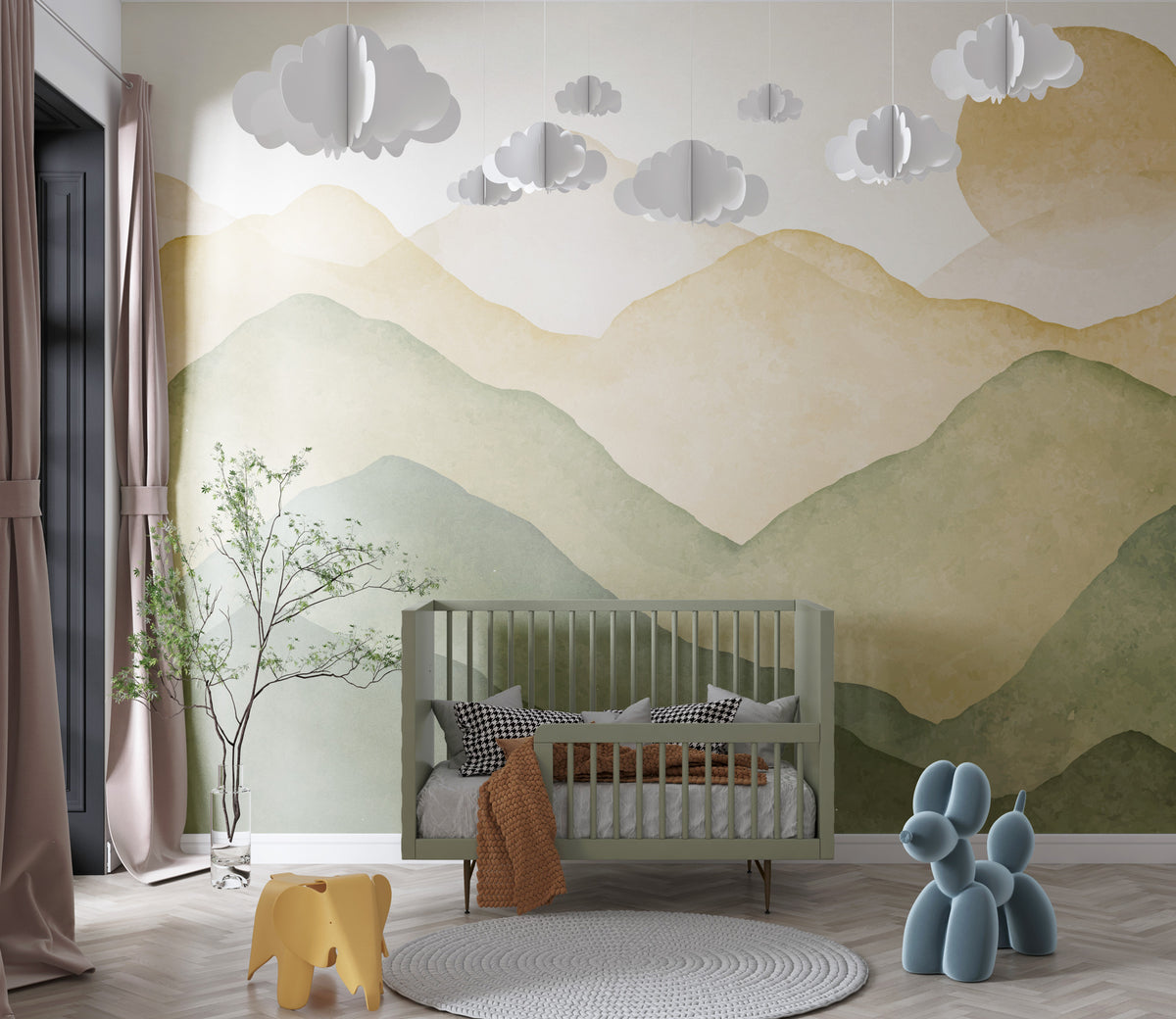 Boho Mountain Wallpaper : Sage and Mustard Watercolor Hills Mural - View 4