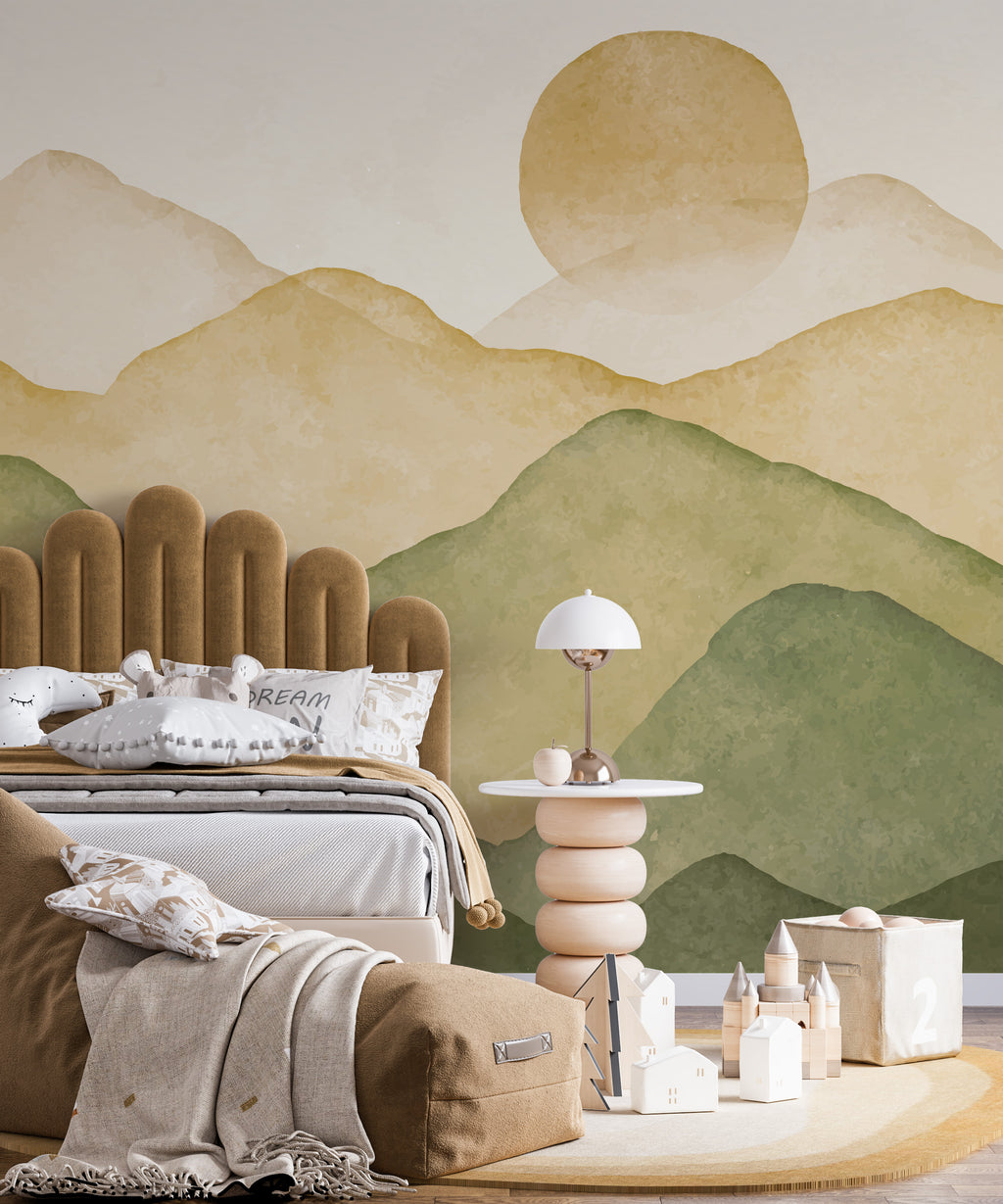 Boho Mountain Wallpaper : Sage and Mustard Watercolor Hills Mural - View 5