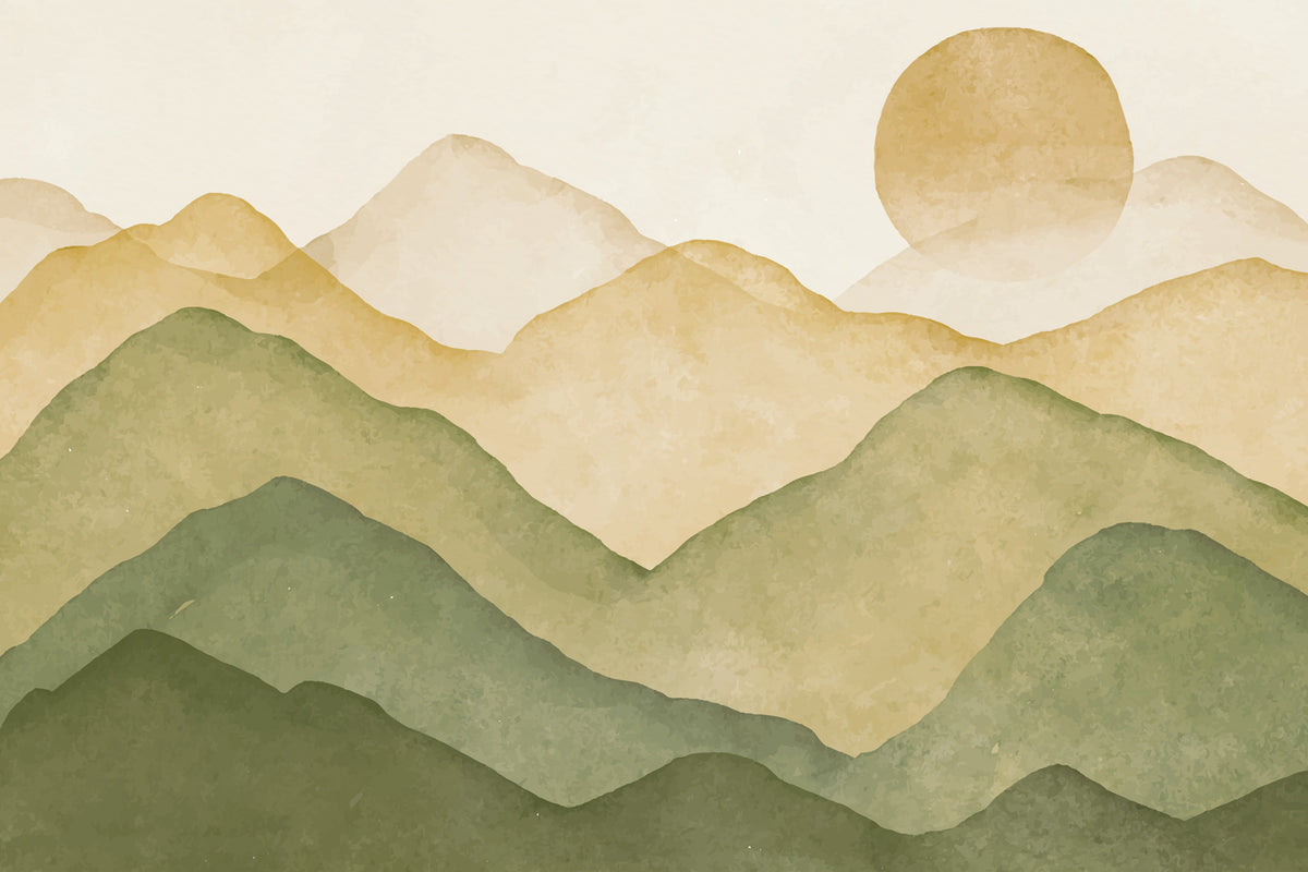 Boho Mountain Wallpaper : Sage and Mustard Watercolor Hills Mural - flat design