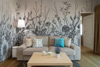 Black and White Wildflower Wallpaper : Sketch Botanical Border Mural