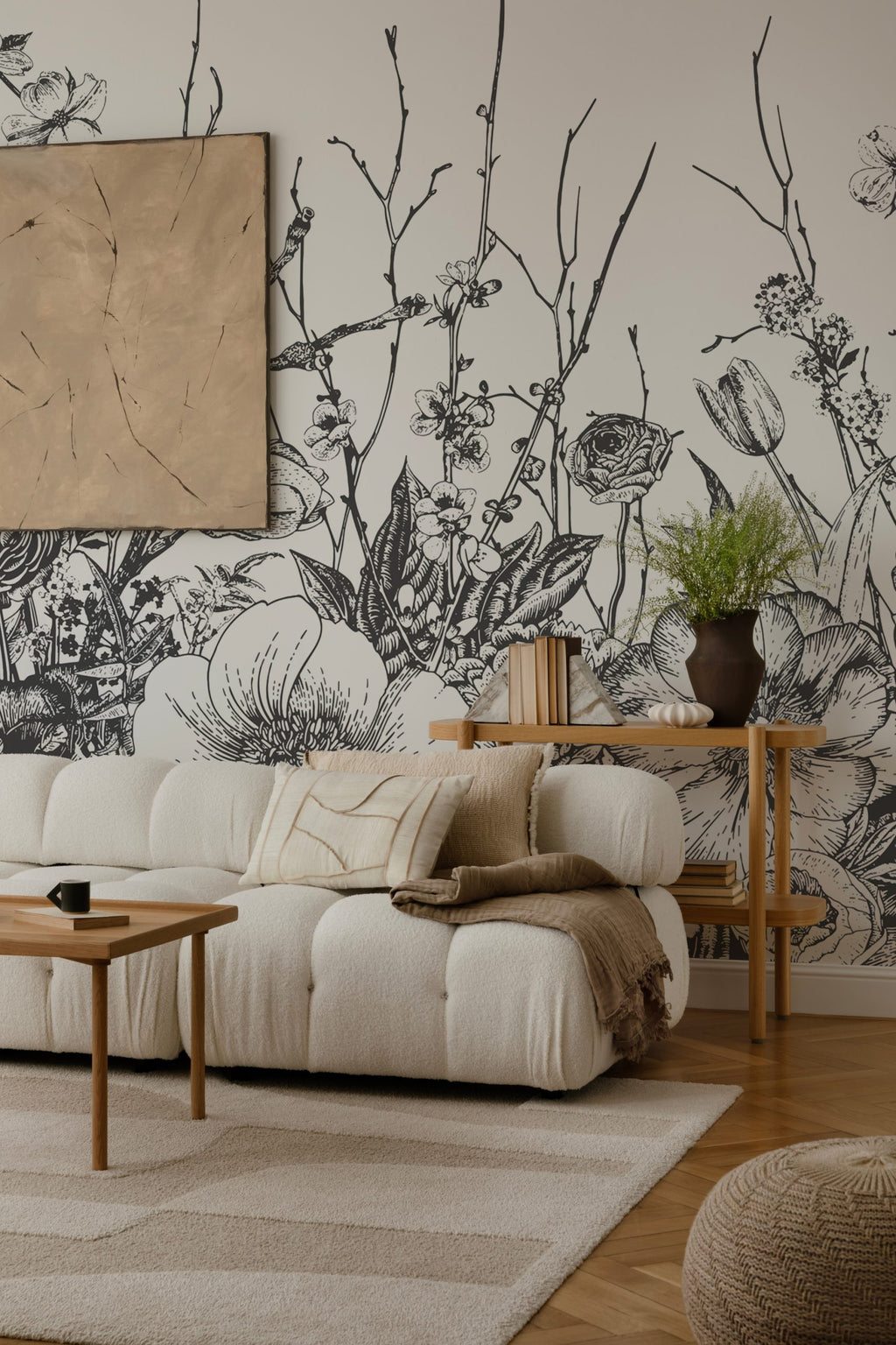 Black and White Wildflower Wallpaper : Sketch Botanical Border Mural - View 2
