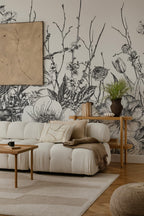Black and White Wildflower Wallpaper : Sketch Botanical Border Mural - View 2