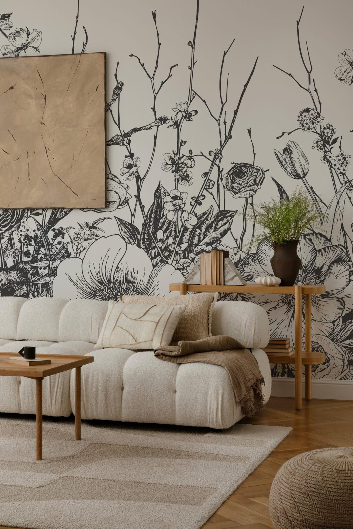 Black and White Wildflower Wallpaper : Sketch Botanical Border Mural - View 2