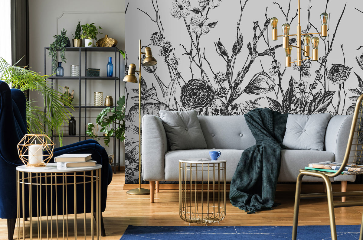 Black and White Wildflower Wallpaper : Sketch Botanical Border Mural - View 3