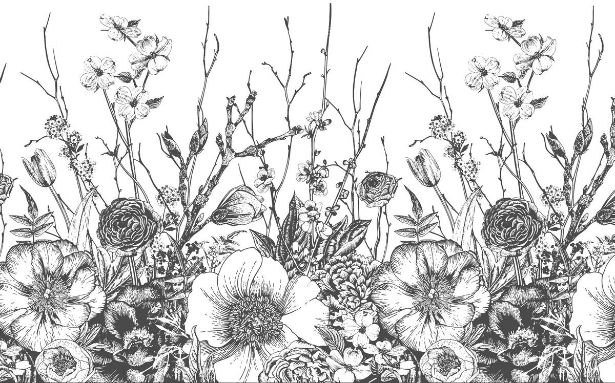Black and White Wildflower Wallpaper : Sketch Botanical Border Mural - View 4