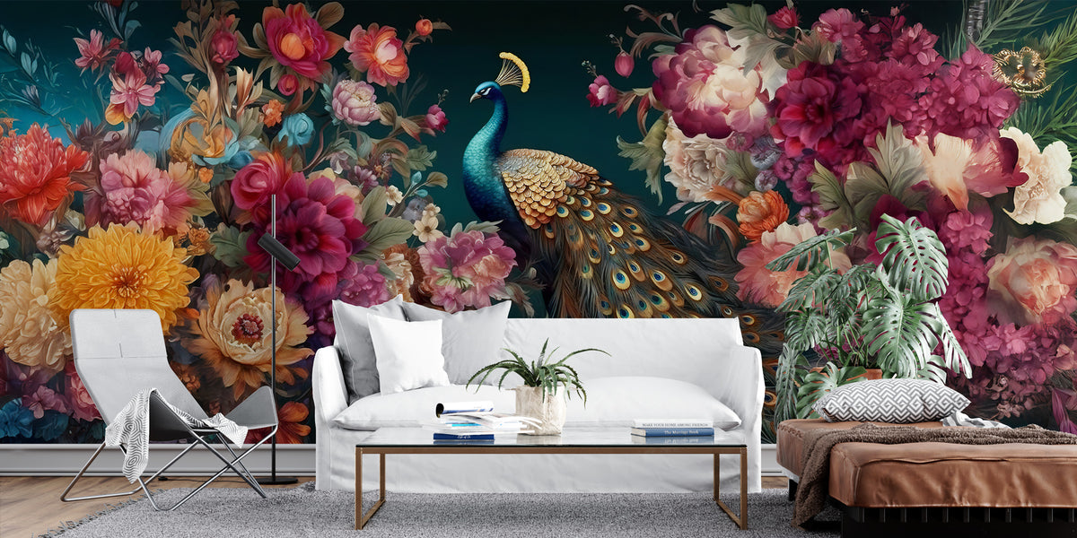 Peacock Floral Wallpaper : Dark Moody Flowers Mural - View 2