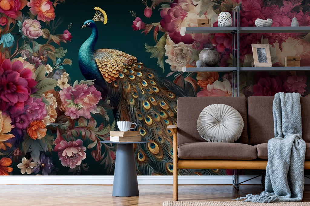 Peacock Floral Wallpaper : Dark Moody Flowers Mural - View 3