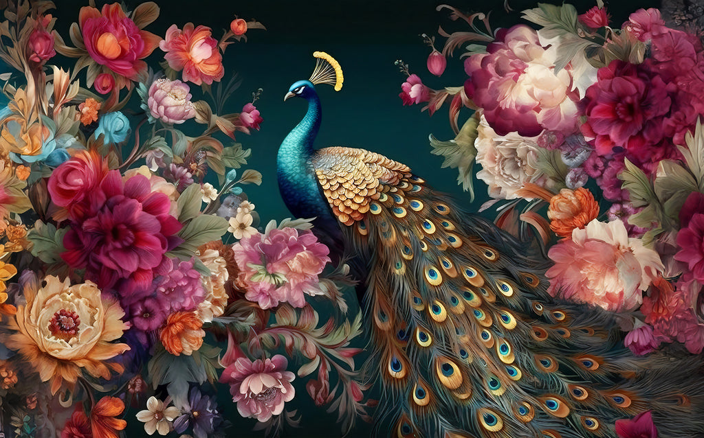 Peacock Floral Wallpaper : Dark Moody Flowers Mural - flat design