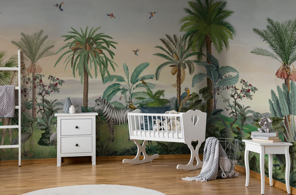 Jungle Animals Panorama Wallpaper : Palm Trees and Giraffe Mural