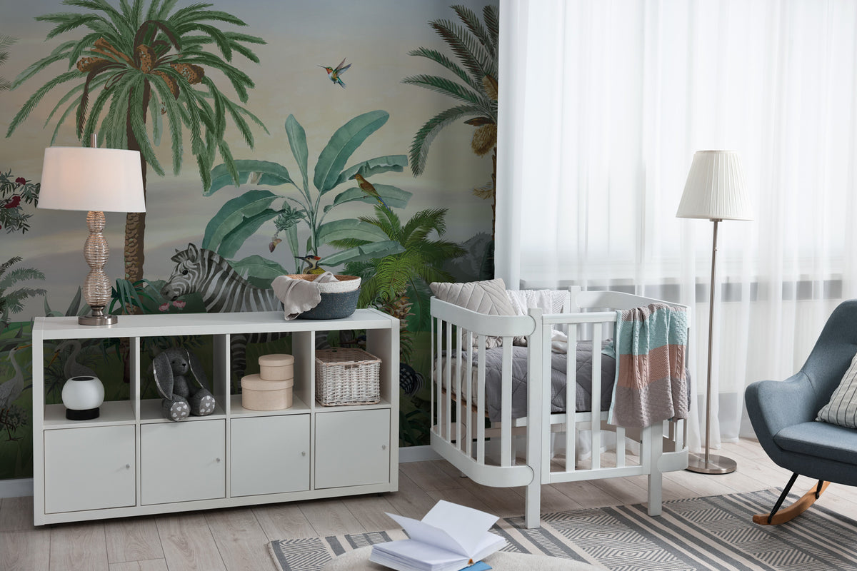 Jungle Animals Panorama Wallpaper : Palm Trees and Giraffe Mural - View 2
