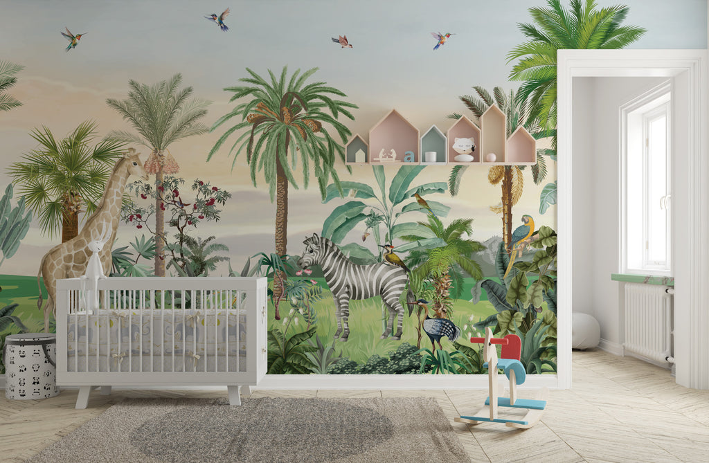 Jungle Animals Panorama Wallpaper : Palm Trees and Giraffe Mural - View 4