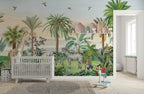 Jungle Animals Panorama Wallpaper : Palm Trees and Giraffe Mural - View 4