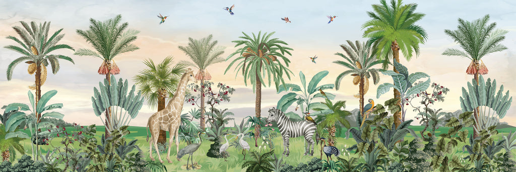 Jungle Animals Panorama Wallpaper : Palm Trees and Giraffe Mural - flat design