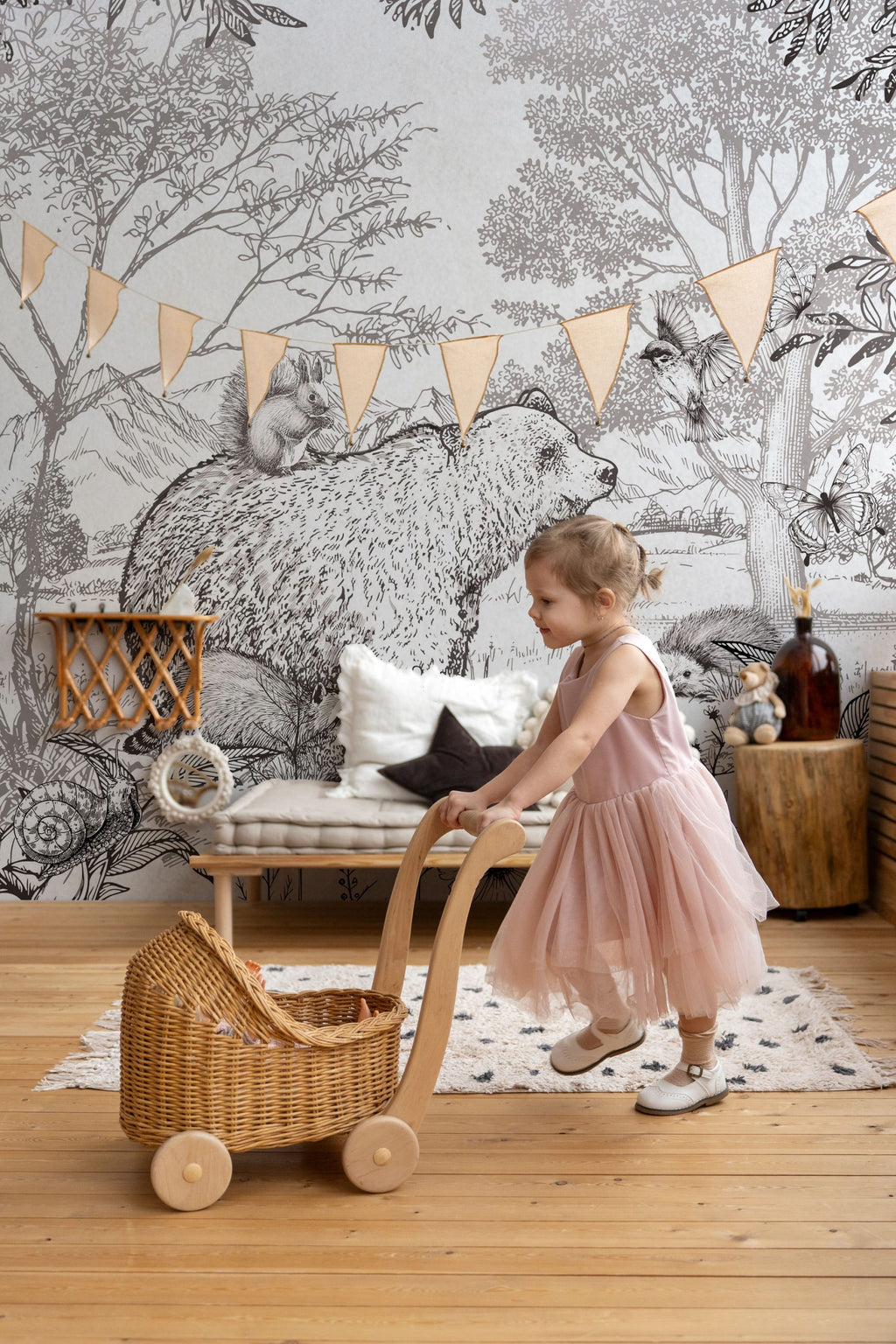 Black and White Forest Wallpaper : Sketched Woodland Animals Mural - View 2