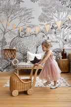 Black and White Forest Wallpaper : Sketched Woodland Animals Mural - View 2