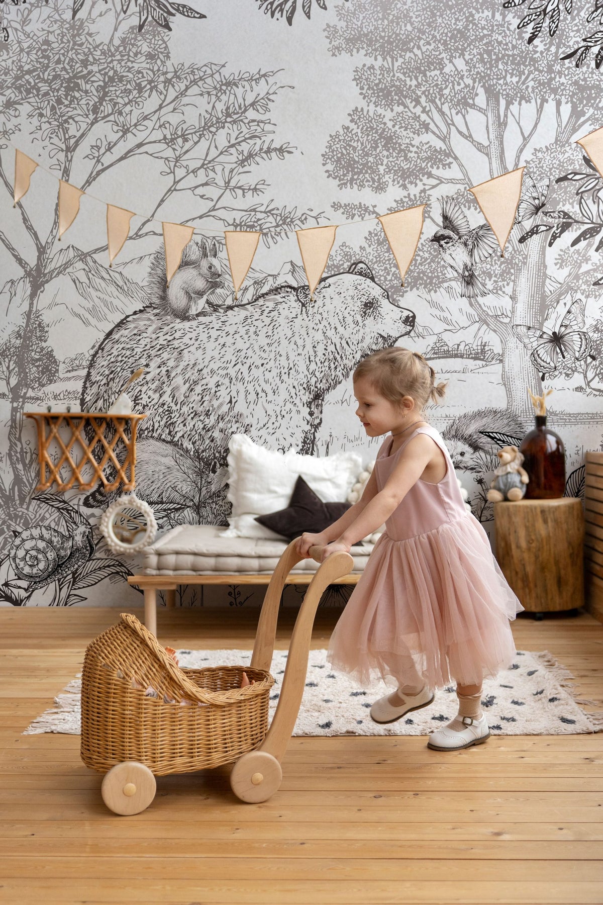 Black and White Forest Wallpaper : Sketched Woodland Animals Mural - View 2