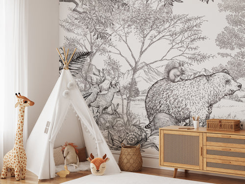 Black and White Forest Wallpaper : Sketched Woodland Animals Mural