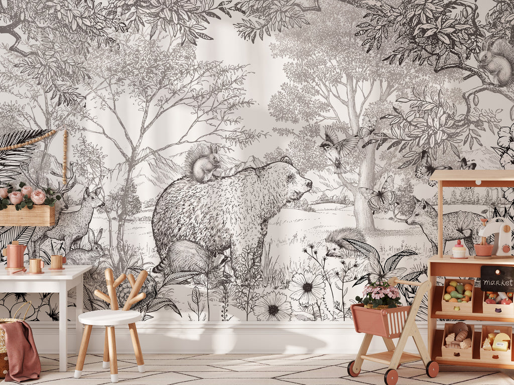 Black and White Forest Wallpaper : Sketched Woodland Animals Mural - View 3