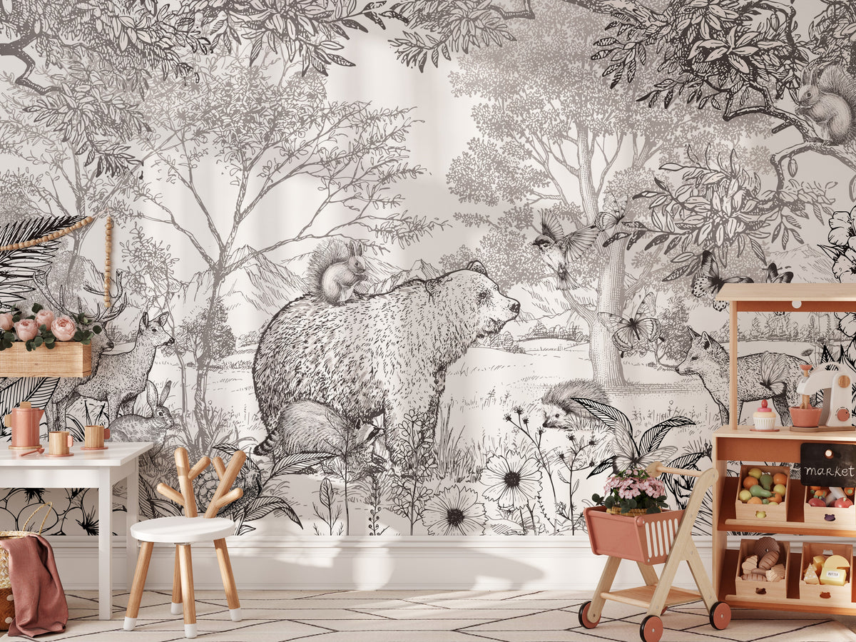 Black and White Forest Wallpaper : Sketched Woodland Animals Mural - View 3