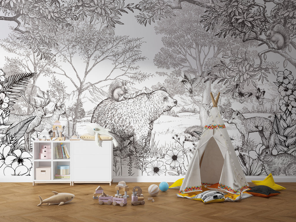 Black and White Forest Wallpaper : Sketched Woodland Animals Mural - View 4