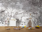 Black and White Forest Wallpaper : Sketched Woodland Animals Mural - View 4