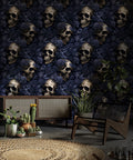 Blue Rose and Skull Wallpaper : Gothic Floral Pattern Mural