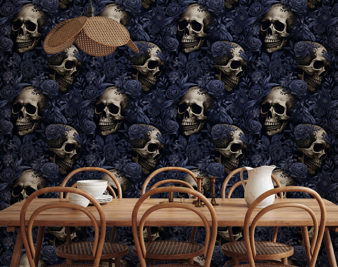 Dark Blue Floral With Skull Wallpaper, Gothic Wallpaper Peel and Stick, Peony Wall Mural, Skull and Flower Wallpaper, Skull Mural