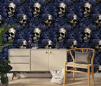 Blue Rose and Skull Wallpaper : Gothic Floral Pattern Mural - View 4