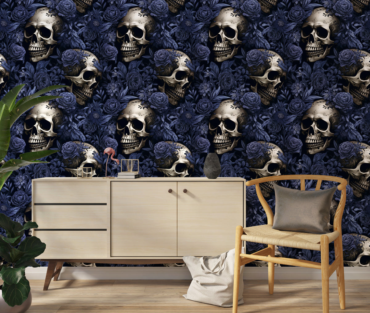 Blue Rose and Skull Wallpaper : Gothic Floral Pattern Mural - View 4