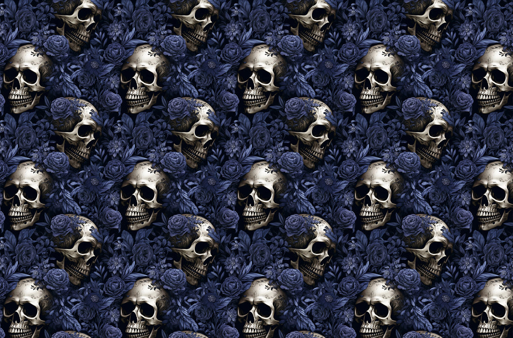 Blue Rose and Skull Wallpaper : Gothic Floral Pattern Mural - flat design