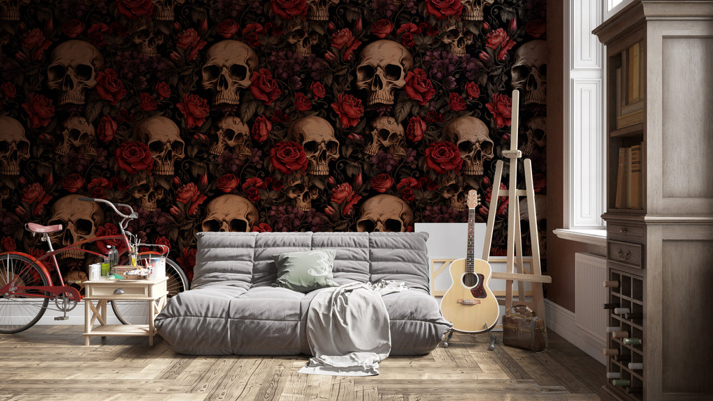 Red Rose and Skull Wallpaper : Gothic Floral Pattern Mural