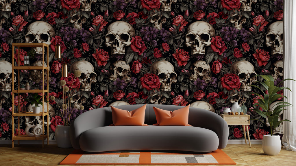 Red Rose and Skull Wallpaper : Gothic Floral Pattern Mural - View 2