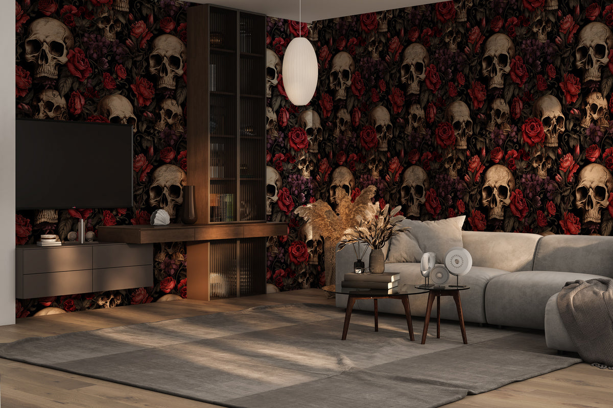 Red Rose and Skull Wallpaper : Gothic Floral Pattern Mural - View 3