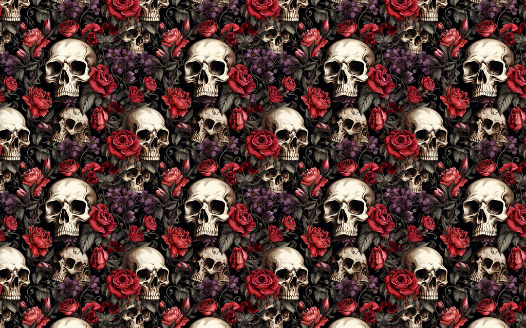 Red Rose and Skull Wallpaper : Gothic Floral Pattern Mural - flat design