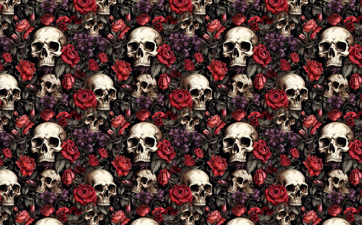 Red Rose and Skull Wallpaper : Gothic Floral Pattern Mural - flat design