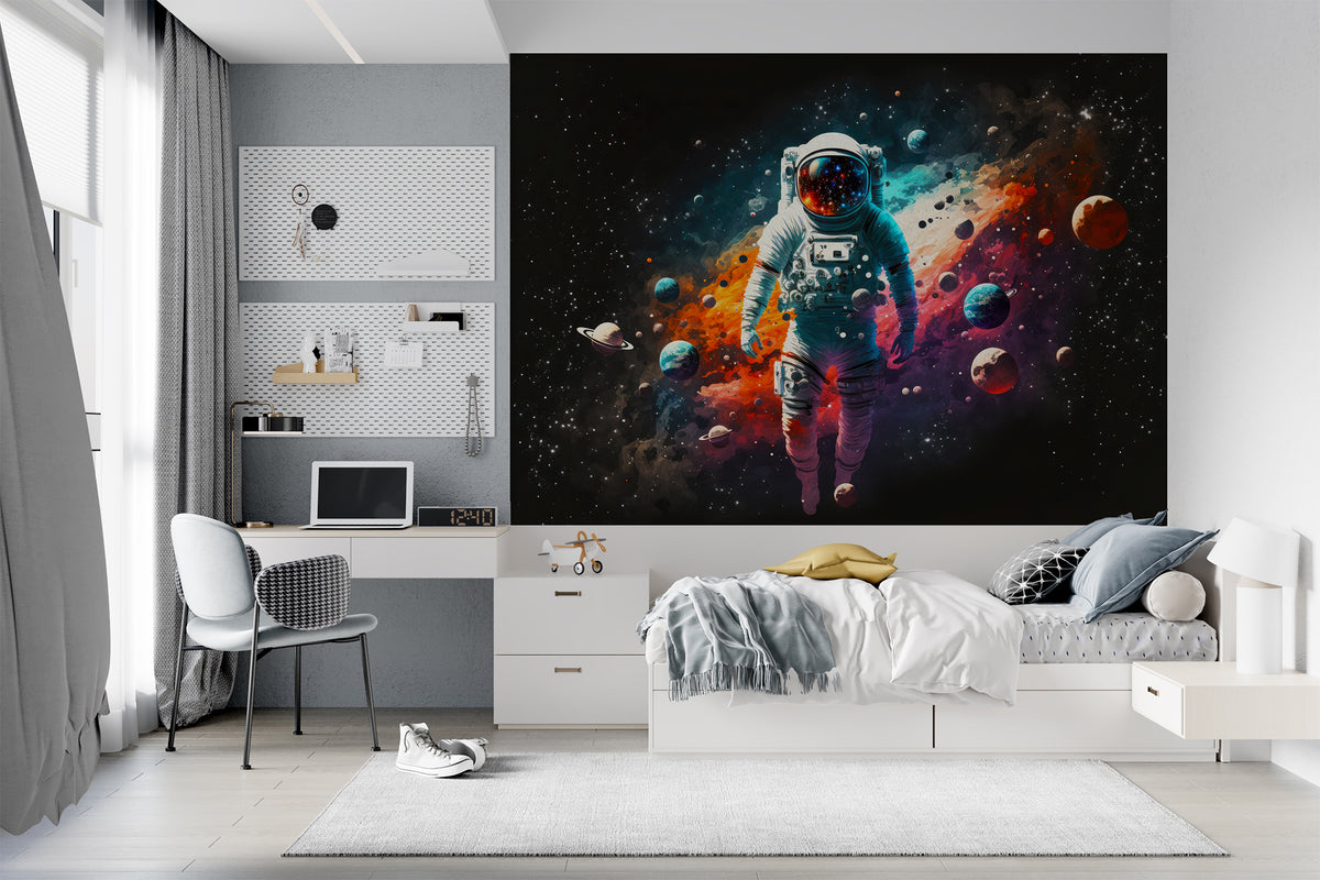 Astronaut Wallpaper : Colorful Galaxy and Planets Mural - View 2