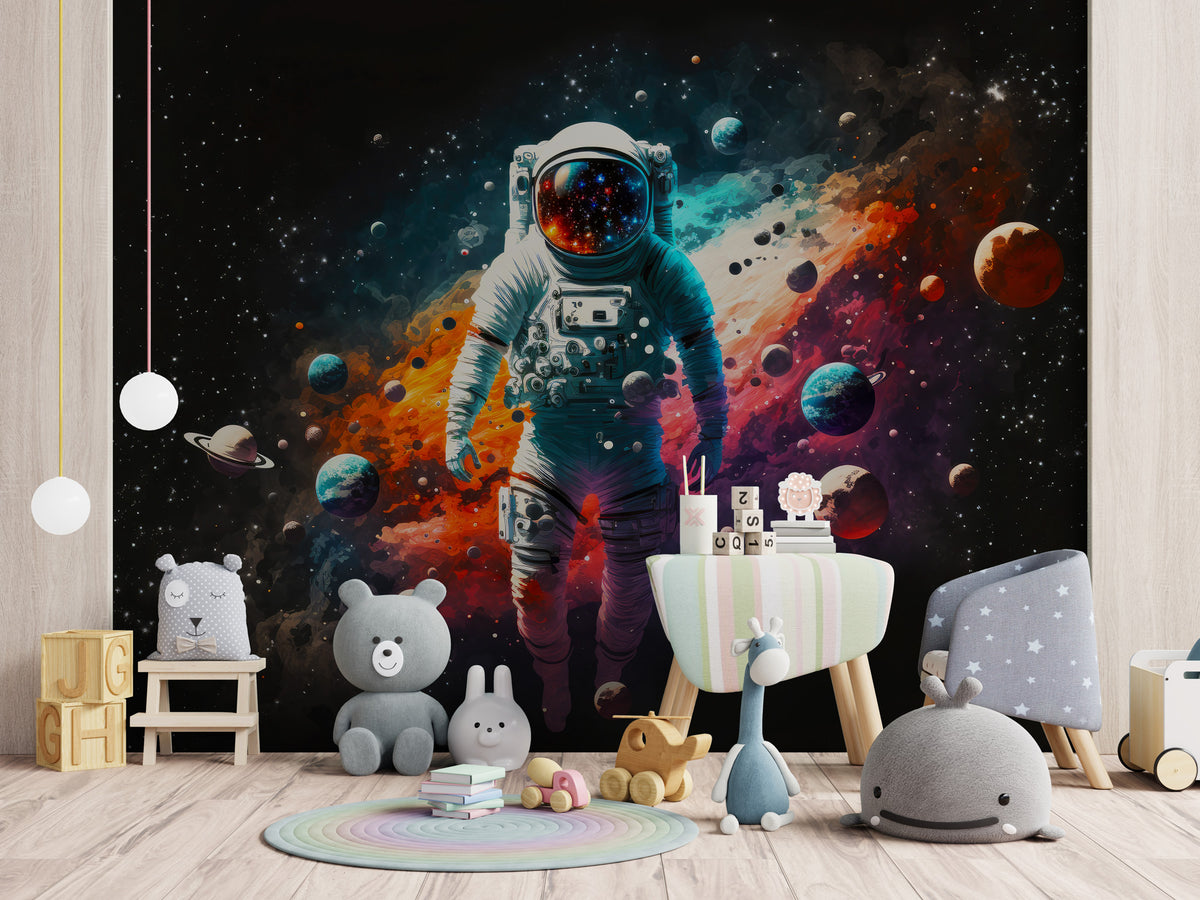 Astronaut Wallpaper : Colorful Galaxy and Planets Mural - View 3