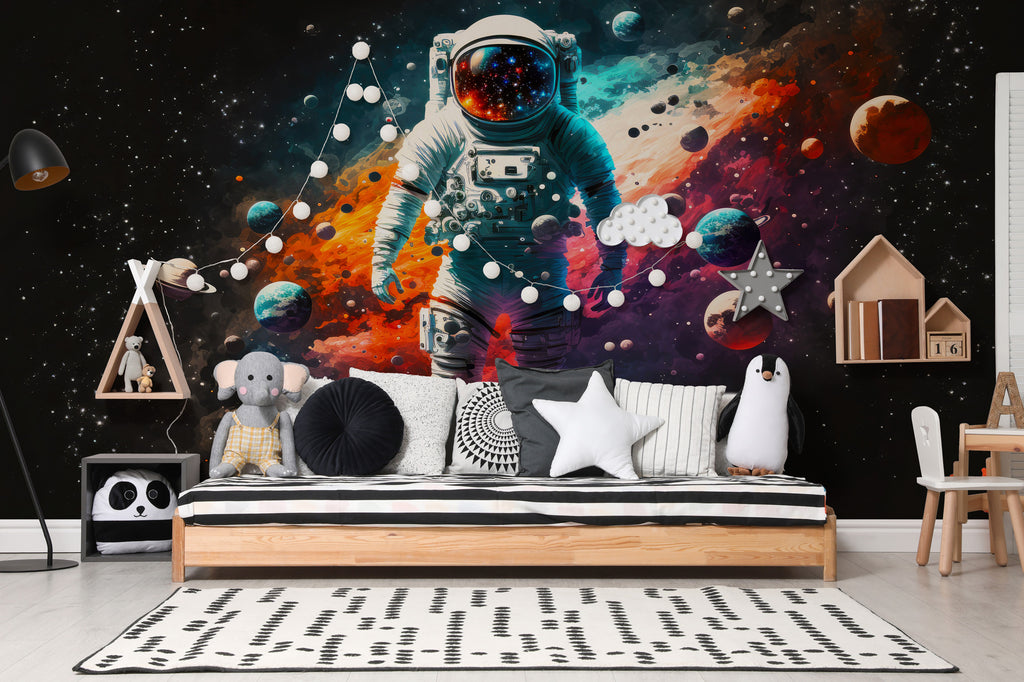 Astronaut Wallpaper : Colorful Galaxy and Planets Mural