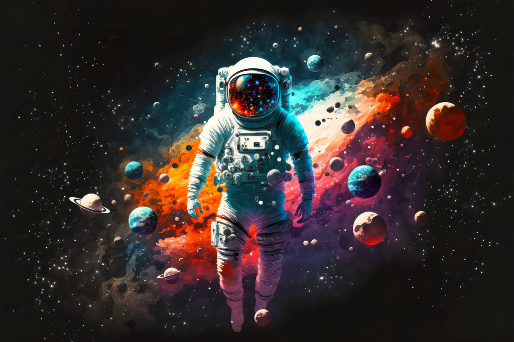 Astronaut Wallpaper : Colorful Galaxy and Planets Mural - flat design