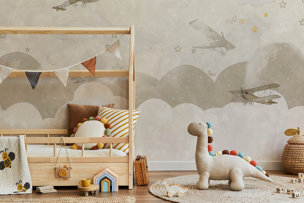 Vintage Airplane Wallpaper : Clouds and Stars Nursery Mural - View 2