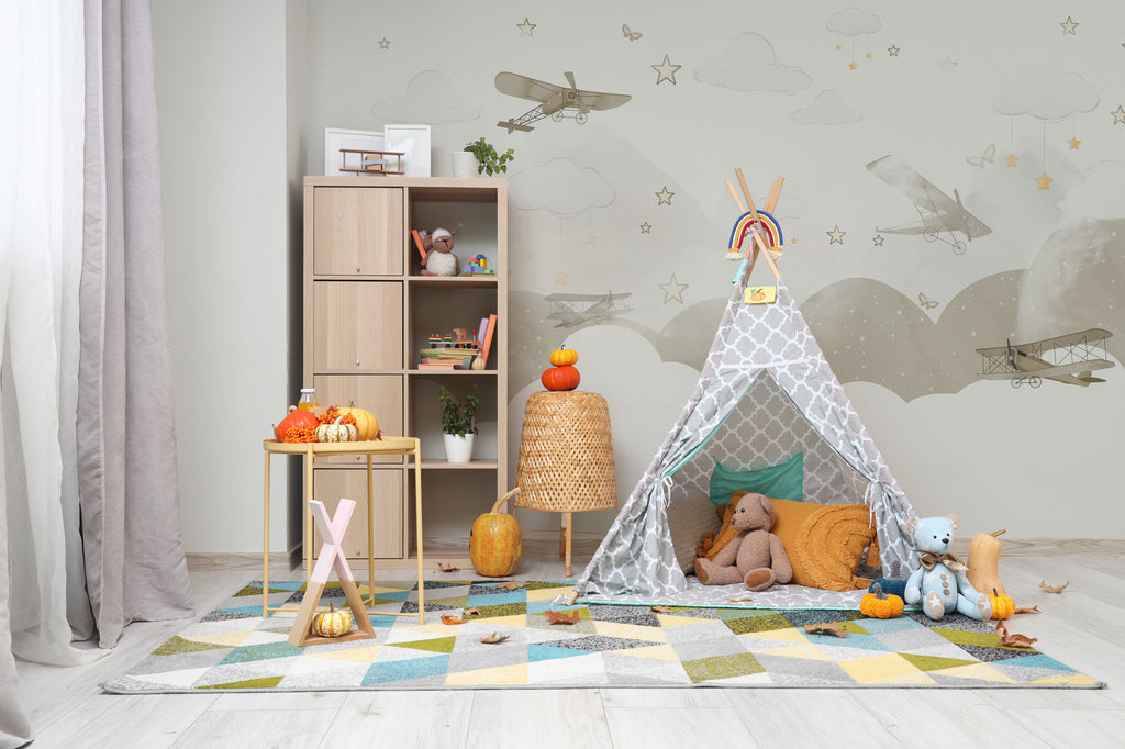 Vintage Airplane Wallpaper : Clouds and Stars Nursery Mural - View 3