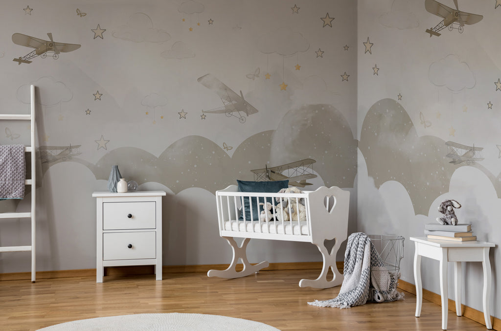 Vintage Airplane Wallpaper : Clouds and Stars Nursery Mural